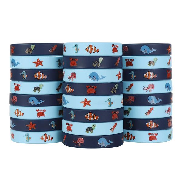 Cleverplay 24 Pack Under the Sea Silicone Wristbands Bracelets, Ocean Life Animal Birthday Decoration Party Favors for Kids