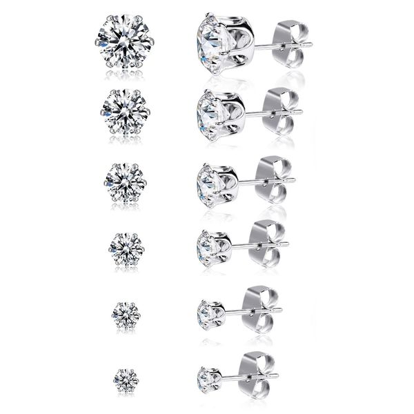 YUFFQOPC 6 Pairs Earrings Stud Earrings for Women Hypoallergenic Earrings Studs Silver Cubic Zirconia Stud Earrings 3/4/5/6/7/8MM Mini Cartilage Sleeper Earrings Studs Set for Women Girls Men Gift