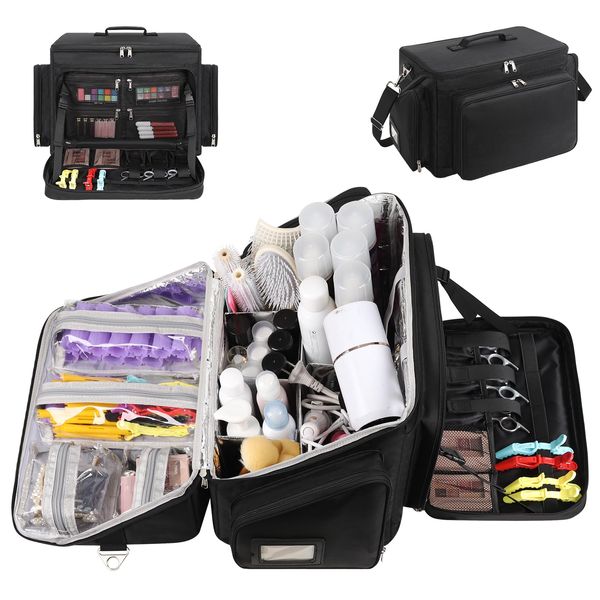 CUBETASTIC Professional Hairstylist Traveling Bag, Large Capacity Hairdresser Bag, Portable Carrying Barber Case, Cosmetology Bag for Makeup Artist, Hair Bag Organizer for Hair Stylist, Black