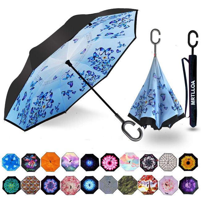 MRTLLOA Windproof Inverted Reverse Umbrella with UV Protection, C-Shaped Handle Double Layer Stick Umbrella for Rain (Orchid Butterfly)