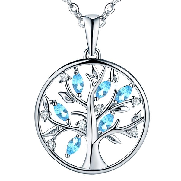 JO WISDOM Tree of Life Necklace,925 Sterling Silver March Birthstone Aquamarine Color Family Tree Coin Pendant Necklace