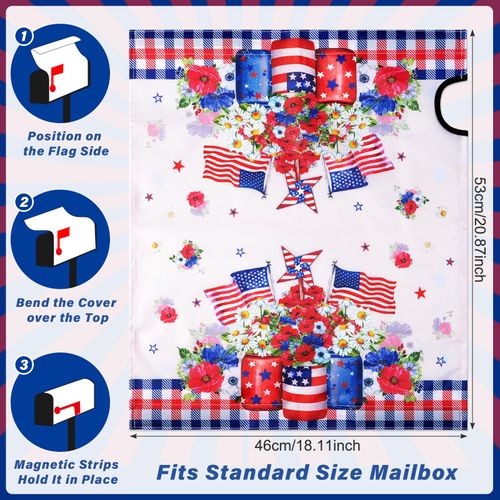 4th of July Patriotic Magnetic Mailbox Covers Standard Size 21”x18”, Independence Day American Flag Magnetic Post Covers, Memorial Day Red and Blue Floral Mailbox Warp for Garden Yard Décor