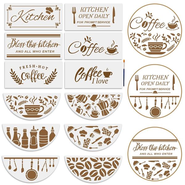 MAYJOYDIY 12pcs Coffee Kitchen Welcome Stencils for Painting On Wood 30cm Half Round Coffee Quote Stencils Coffee Beans Bless Kitchen Coffee Pattern with Paint Brush Room Wall Coffee Shop Decor