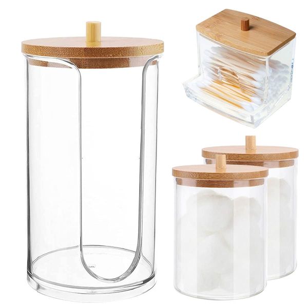 Beenle-Icey 4Pcs Acrylic Qtip Dispenser Clear Cotton Swab Holder with Bamboo Cover Qtip Holder Dust-Proof Vanity Makeup Organizer Floss Swab Apothecary Jar Container for Bathroom