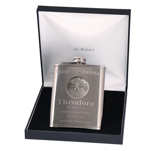 70th Birthday Engraved Hip Flask Golfer Feature in Gift Box