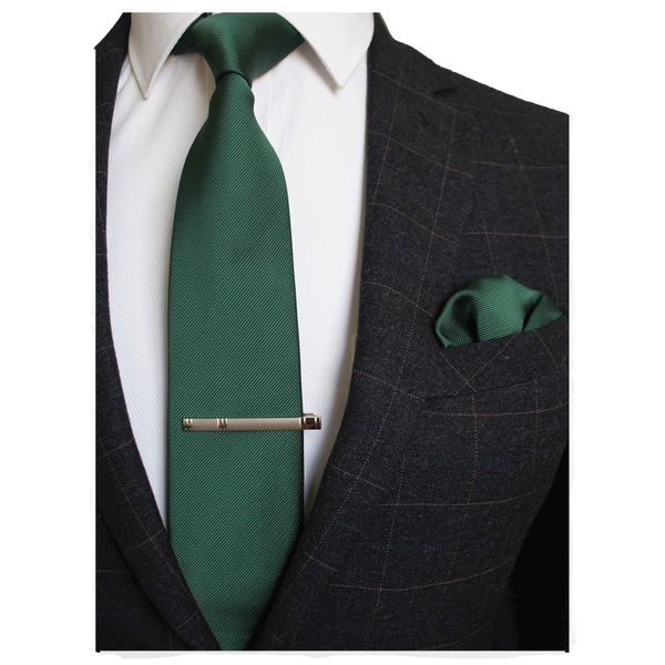 JEMYGINS Green Formal Necktie and Pocket Square, Hankerchief and Tie Bar Clip Sets for Men