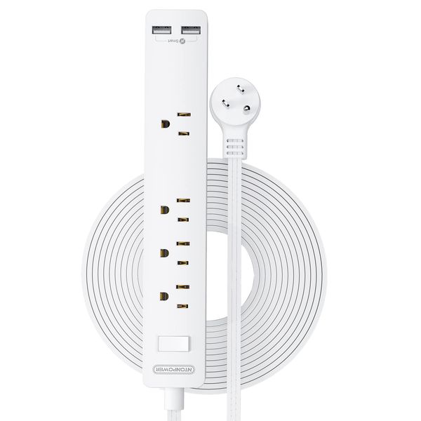 NTONPOWER Flat Extension Cord 10 Ft, Flat Extension Cord Under Carpet, Rug, Flat Plug Power Strip, Wall Mount, Ultra Thin Flat Extension Cord with 4 Outlets and 2 USB Ports for Indoor Home Office Dorm