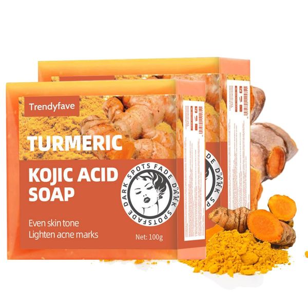 Trendyfave Turmeric Kojic Acid Soap Original Tumeric Soap, Acne, Dark Spots, Hyperpigmentation, Smooth Skin, Dark Spot Remover For Face & Body Even Skin Tone Soap Bars, Moisture, 100g