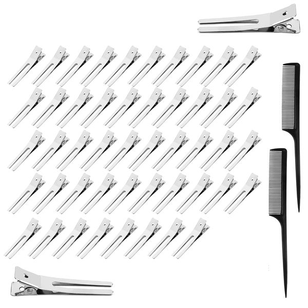 Metall Entebill Haarspangen Alligator Clips Silber Friseur Haarclips Abteilklammern mit 2 Stück Kamm Styling Haarklammer für Haarstyling DIY Zubehör(50 Stück)