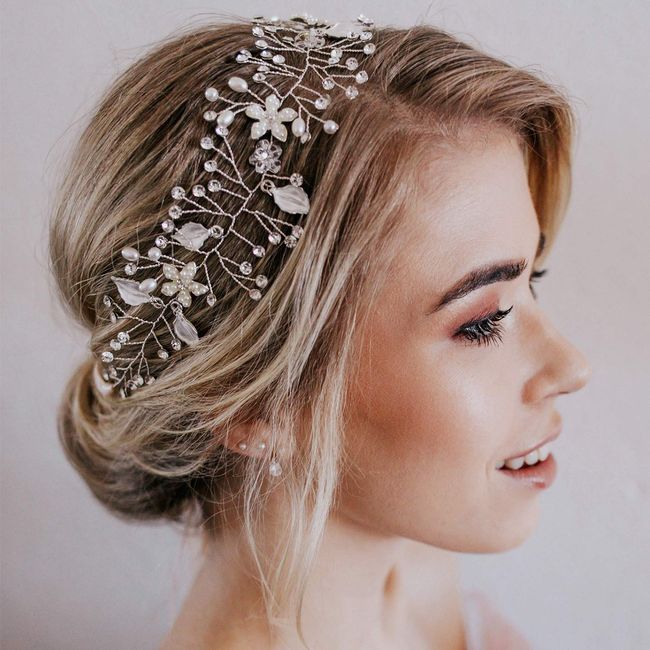 SWEETV Crystal Bridal Headpieces for Brides Silver Wedding Hair Accessories Bride Headband Pearl Hair Vine Rhinestone Hair Pieces for Women