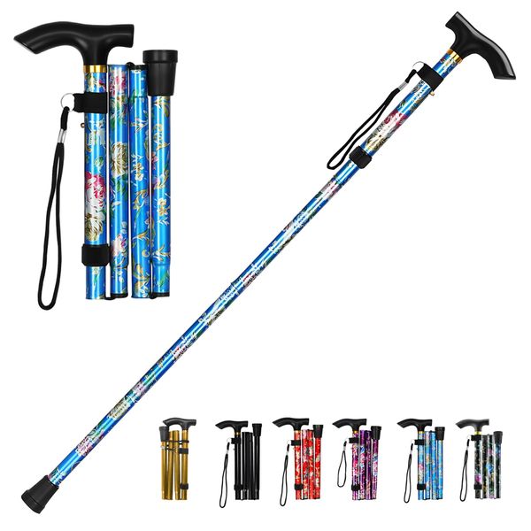 LZZAZ® Walking Stick Rubber ends, Adjustable Height Folding Walking Sticks for Men, Aluminum Walking Sticks for Women & Disability Aids, (Blue Flowers)