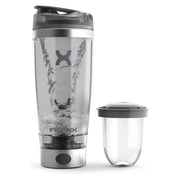 Promixx Pro Shaker Bottle | Rechargeable, Powerful for Smooth Protein Shakes | includes Supplement Storage - BPA Free | 600ml Cup (Silver White/Gray)