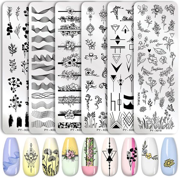 Stamping Plates Nail Art Set Flower Minimalist Geometric Lines Leaves Pattern Theme Image DIY Nail Art Stamp Plate Stamper Kit 6Pcs