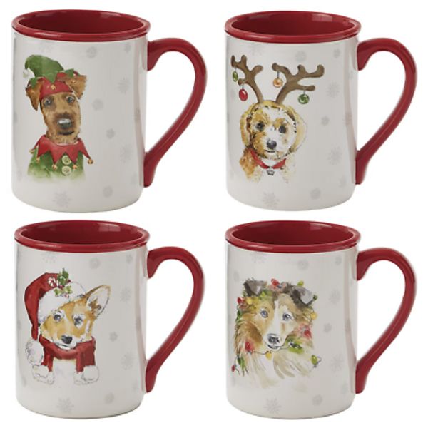 Holiday Paws Coffee Mugs Set /4 Dogs Puppies Pets Christmas Red White Cute Park