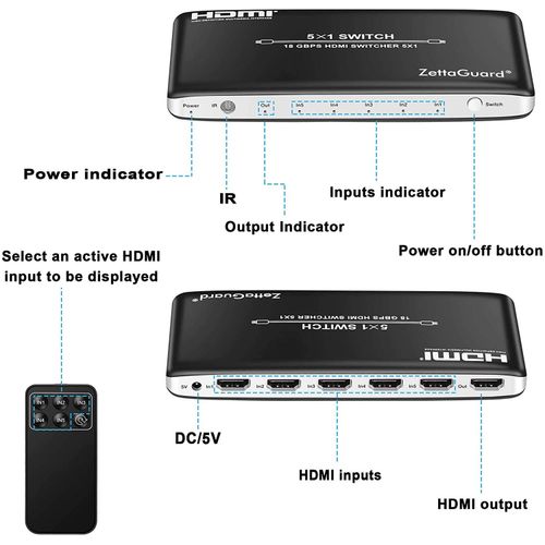 Zettaguard 4K 60Hz 5 Port 5 x 1 HDMI Switch with IR Remote Control HDMI 2.0 Switcher Support 18Gbps 4K x 2K 3D HDCP 2.2 HDMI Splitter Hub Port Switches for PS4 Xbox Apple TV Fire Stick Blu-Ray Player