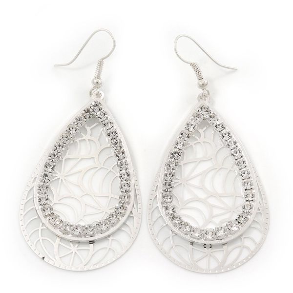 Silver Plated Crystal Filigree Teardrop Earrings - 6.5cm Length