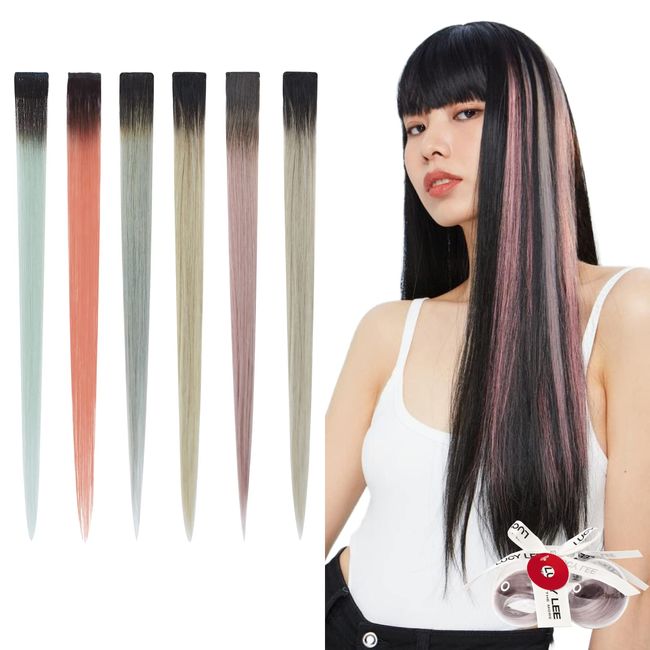 LUCY LEE 100% Human Hair Extensions, One Touch Clip Type, 17.7 inches (45 cm), Easy to Wear, Heat Resistant, Party, Fashion, Set of 2 (Gray Green)