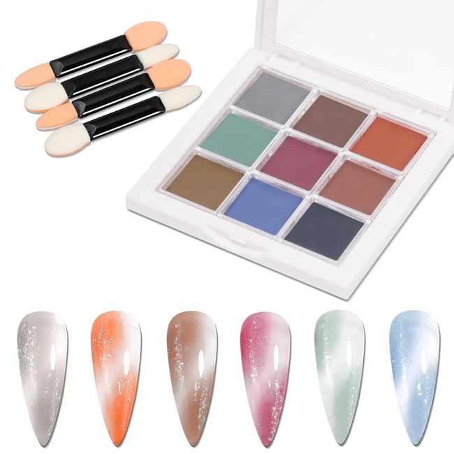 Coikaze Gradient Nail Powder, 9 Colors, Palette, Nail Powder, Nail Color Powder, Mirror Nail Powder, Metallic Nails, Nail Art, DIY Nails, Nail Supplies, Gel Nails, Gradient Color, Includes 4 Sponge Tips (E Palette)