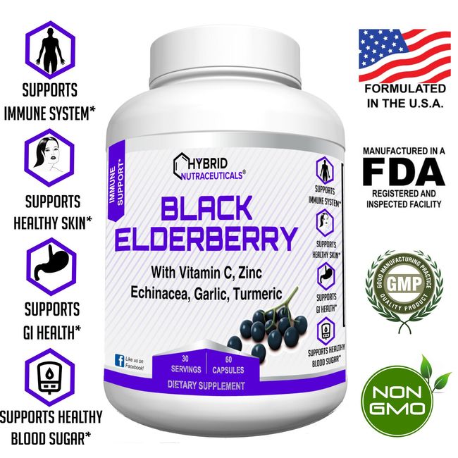 Sambucus Black Elderberry Capsules, Immune Support: Zinc, Turmeric, L-Glutamine