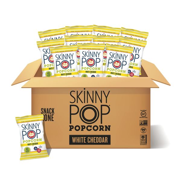 SkinnyPop Popcorn, Gluten Free, Non-GMO, Healthy Snacks, Skinny Pop Dairy Free White Cheddar Popcorn, 1oz Individual Size Snack Bags (12 Count)