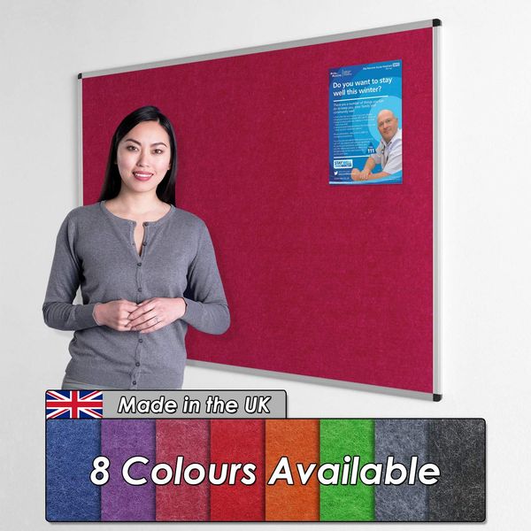 Wonderwall Fully Fire-Resistant Notice Board - Aluminium Frame - 120 x 90cm with Fixings, 8 Colours to Choose from (Raspberry)