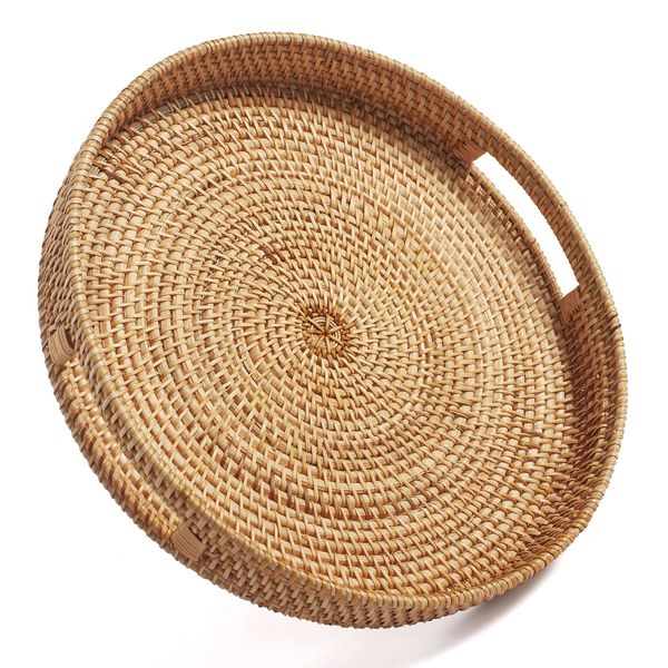 Round Serving Trays with Handles for Ottoman Woven Coffee Table Tray Decorative for Kitchen and Home Natural (Small 30cm x 6cm)