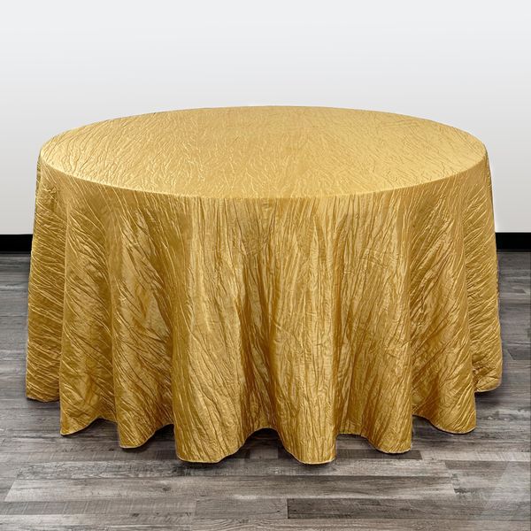 Your Chair Covers - 120 Inch Round Crinkle Taffeta Tablecloth - Gold, Crushed Shiny Dining Table Cloth for Wedding Party Birthday Baby Bridal Shower