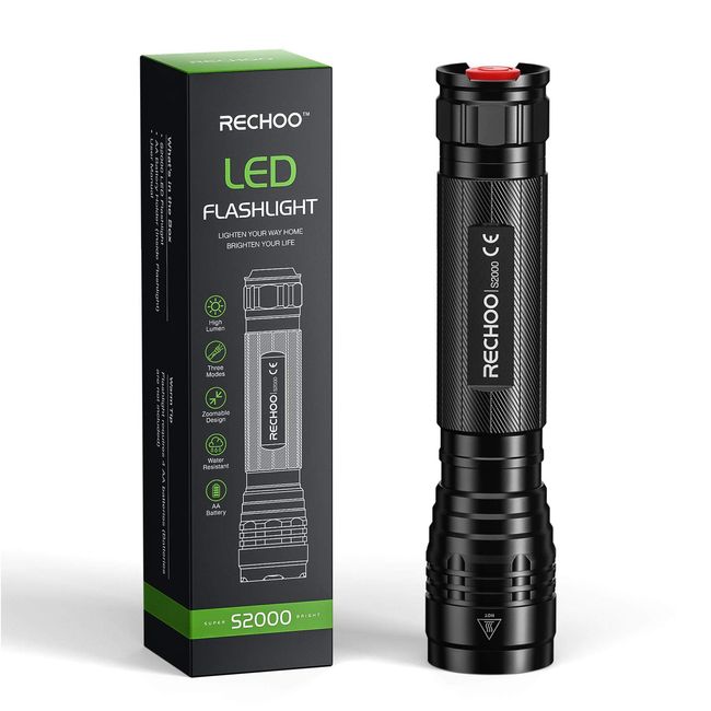 RECHOO High-Powered LED Flashlight S2000, Upgraded Powerful 2000 High Lumens Flashlights with 3 Modes, Zoomable, Water Resistant Flash Light for Camping, Outdoor, Emergency, Hiking