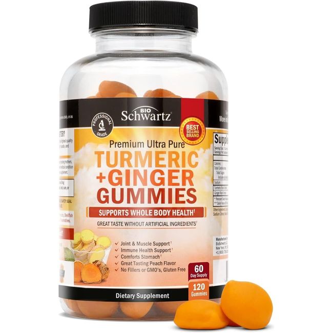 Turmeric Curcumin Ginger Gummies - Natural Peach Flavor, 60 Day Supply, 120 ct