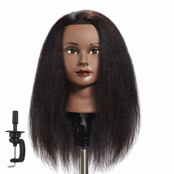 Hairginkgo Mannequin Head 100% Real Hair Manikin Head Styling Hairdresser Training Head Cosmetology Doll Head for Dyeing Cutting Braiding Practice with Clamp Stand (1711B0216)