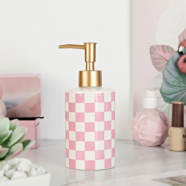 Checkered Ceramic Soap Dispenser with Rust Proof Gold Matte Pump Decorative Soap Dispenser for Bathroom or Kitchen (Pink & White)