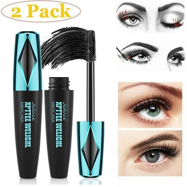 2Pcs Black 4D Silk Fiber Eyelash Mascara Extension Makeup Waterproof Eye Lashes