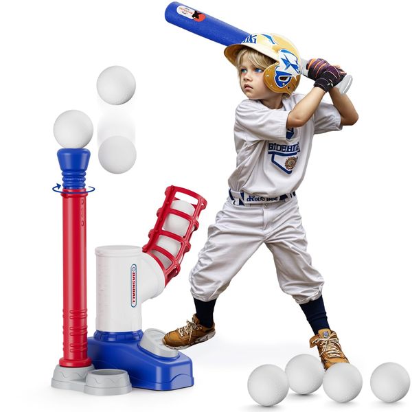 HYES T Ball Sets for Kids 3-5, Tee Ball Set with Step on Pitching Machine/Adjustable Batting Tee/Retractable Baseball Bat/8 Balls, Outdoor Sport Toy Games for Boys Toddlers