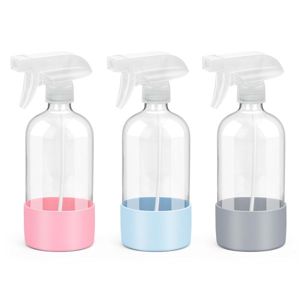 Rionisor Glass Spray Bottles with Silicone Sleeve Protection, Empty 16 oz Refiilable Containers, Reusable Spray Bottles with Adjustable Nozzle for Hair, Cleaning Solutions, 3 Pack Grey&Blue&Pink