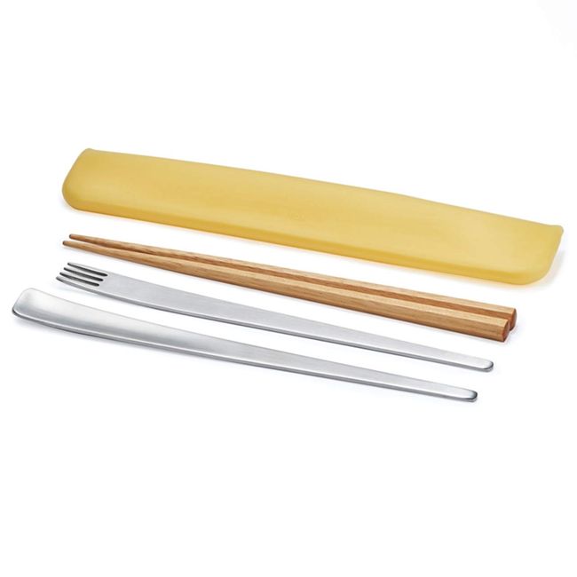 tak JTN-0400-YL Slim Cutlery Set, Yellow (Spoon, Fork, Chopsticks, Container) Dishwasher and Dryer, Made in Japan