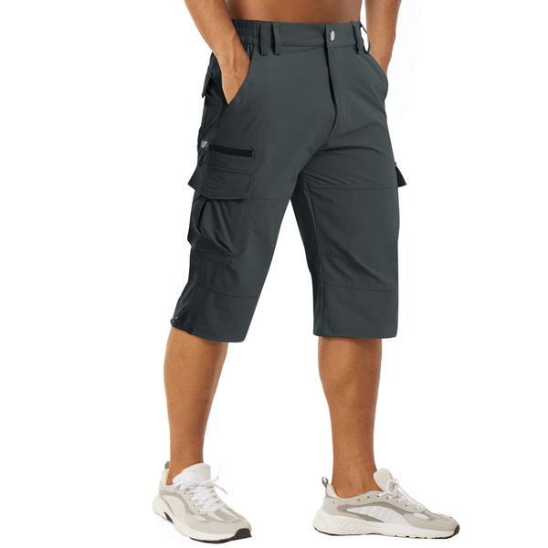 MAGCOMSEN Herren Cargo Shorts 3/4 Outdoor Sommerhose Multi Taschen Leicht Capri Hose Herren Atmungsaktiv Radhose Atmungsaktiv Kurz Arbeitshose mit Stretchbund Dunkelgrau 34