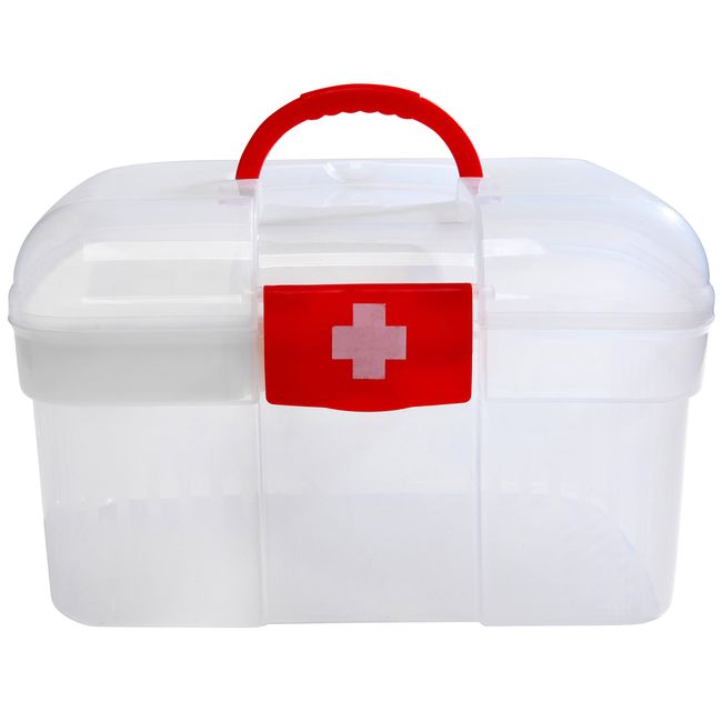 MyGift Red First Aid Clear Container Bin/Family Emergency Kit Storage Box w/Detachable Tray