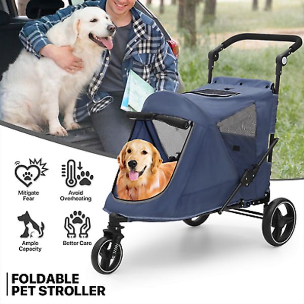 Foldable Dog Stroller Breathable Pet Travel Carrier Cart w/Foot Activated Lock