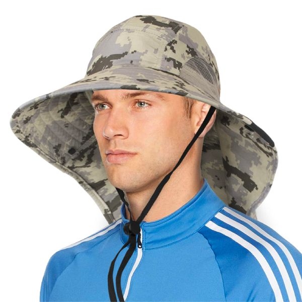 SUN CUBE Wide Brim Sun Hat with Neck Flap, Fishing Hiking for Men Women Safari, Neck Cover for Outdoor Sun Protection UPF50+ | Camo Gray