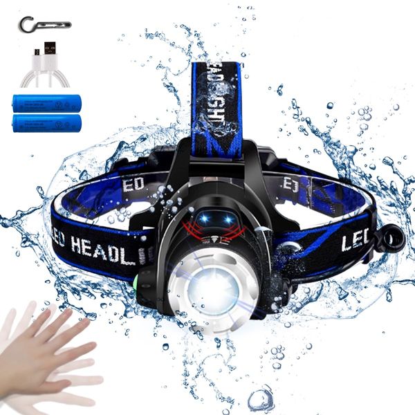 LED Headlight, USB Rechargeable, High Brightness, Headlamp, High Brightness, CREE L2, 1,800 Lumens, Motion Sensor, Headlight, Helmet Light, IPX6 Waterproof, Zoom Function, 120° Adjustable Angle,