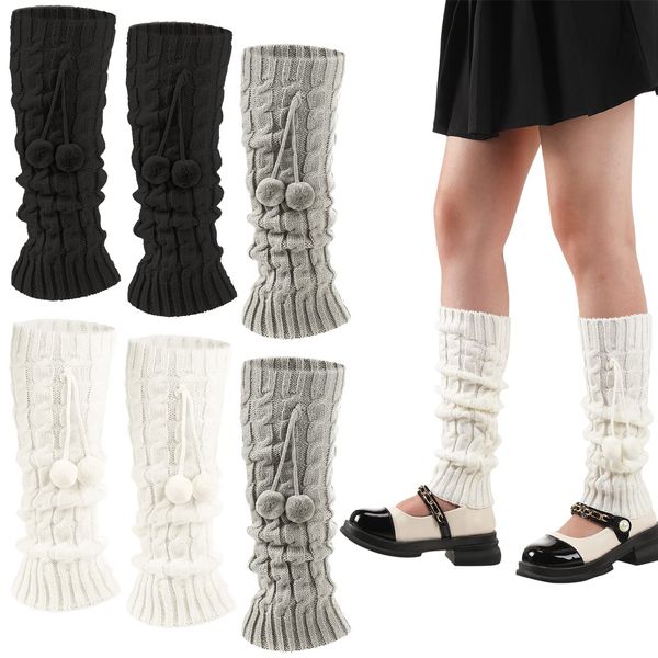 Eurzom 3 Pairs Kawaii Winter Knitted Leg Warmers Knee High Loose Socks Japanese Style Leg Warmers For Girls Women (White, Gray, Black, Wool Balls)