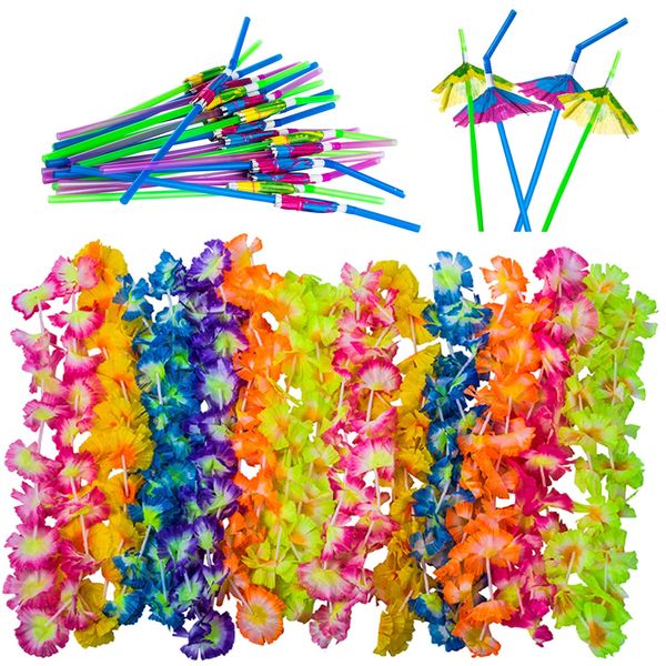 Luau Party Supplies - Hawaiian Party Favors - 36 Pc. - Party Straws - Hawaiian Flower - Lei Necklaces and Umbrella Straws by Tigerdoe