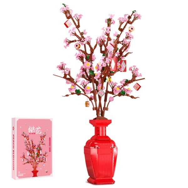 FORLUCKYEN Peach Blossoms Building Blocks Kits, Plant Home Decor, Flower Bouquet Building Sets, Beautiful Artificial Flower Gift Toys for Adults Friends Women Girls 830PCS