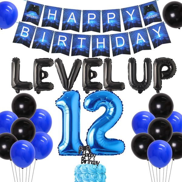 12th Birthday Party Decorations Video Game Blue 12 Years Old Birthday Party Decorations Supplies with Game Controller Balloons Cake Topper Banner for Boys Girls Gaming Birthday Party Supplies