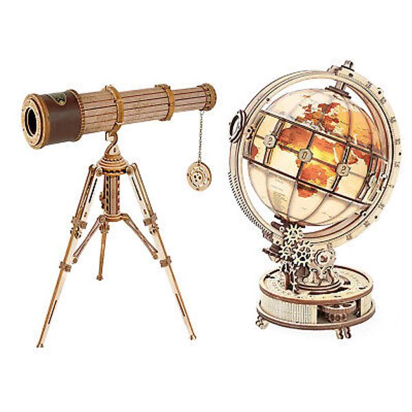 ROKR 2 PCS LED Luminous Globe+Monocular Telescope DIY 3D Wooden Puzzle Xmas Gifs