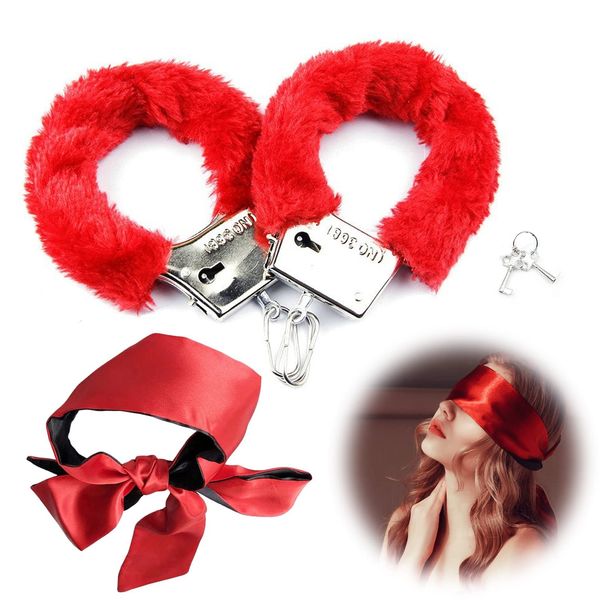 Fluffy Handcuffs, Metal Handcuffs with 2 Keys, Sleep Eye Mask Play,Cosplay Costume Props for Cosplay,Valentine's Gift Handcuffs Prop Dress Ball Party (Purple) (Red)