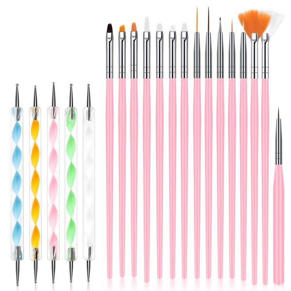 URAQT Pennello Unghie Gel, 20 Pezzi Nail Art Pennelli Set con Dotter per DIY Decorazione, Nail Art Brush Pennelli per Unghie Adatto Salone Casa Manicure Donna