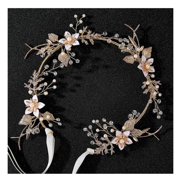 SWEETV Gold Wedding Headband Flower-Leaf Bridal Headpieces for Wedding Hair Accessories for Brides Crystal Pearl Hair Vine