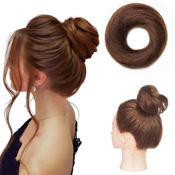 Hairro Real Hair Bun 100% Human Hair Up Do Messy Bun Hair Pieces Wavy Updo Scrunchies Donot Elegant Chignons With Elastic Rubber Band Ponytail Scrunchy Hairpiece For Women 1PC 23g #04 Medium Brown