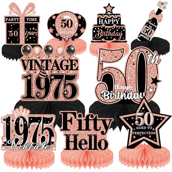Elomy 50th Birthday Decorations for Women - 9PCS Vintage 50th Birthday Party Table Decorations Her Rose Gold Table Honeycomb Centerpiece Decorations Supplies for Fifty Year Old Birthday Party